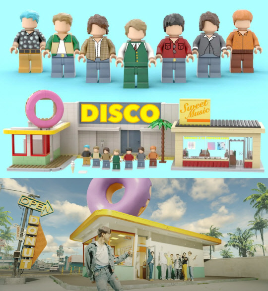 BTS 레고(위쪽)와 BTS의 다이너마이트 뮤직비디오(아래쪽). <브릭링크 홈페이지, BTS 공식 유튜브 캡처>